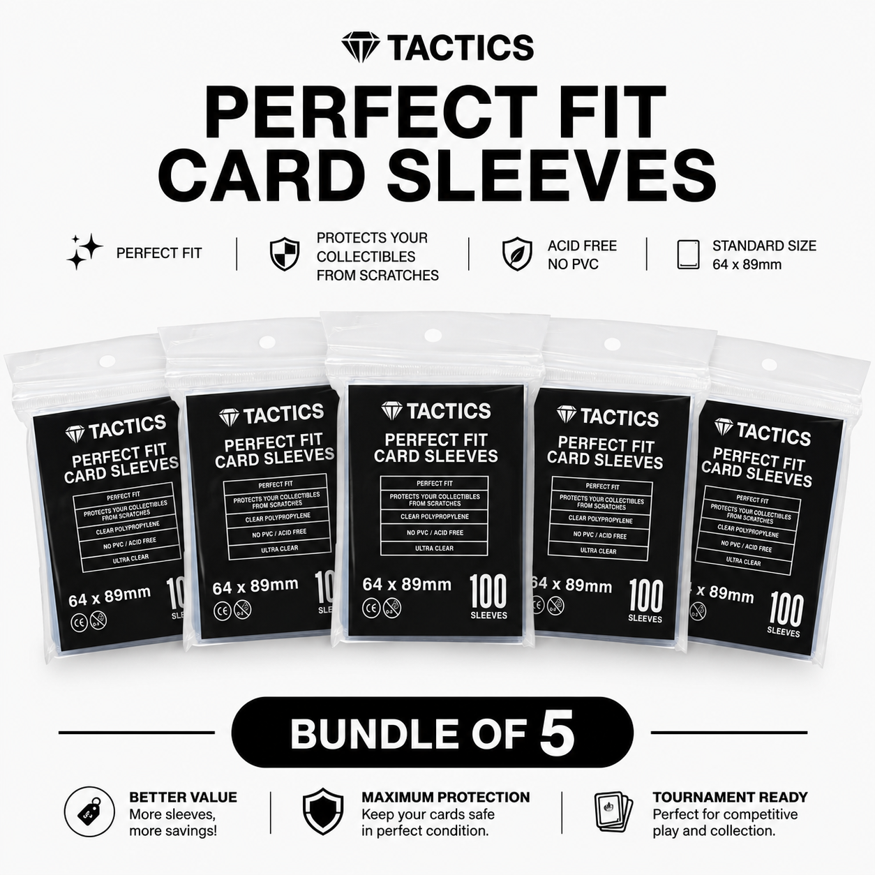 TACTICS Perfect Fit Card Sleeves – 64 x 89mm (100 Pack) Bundle of 5