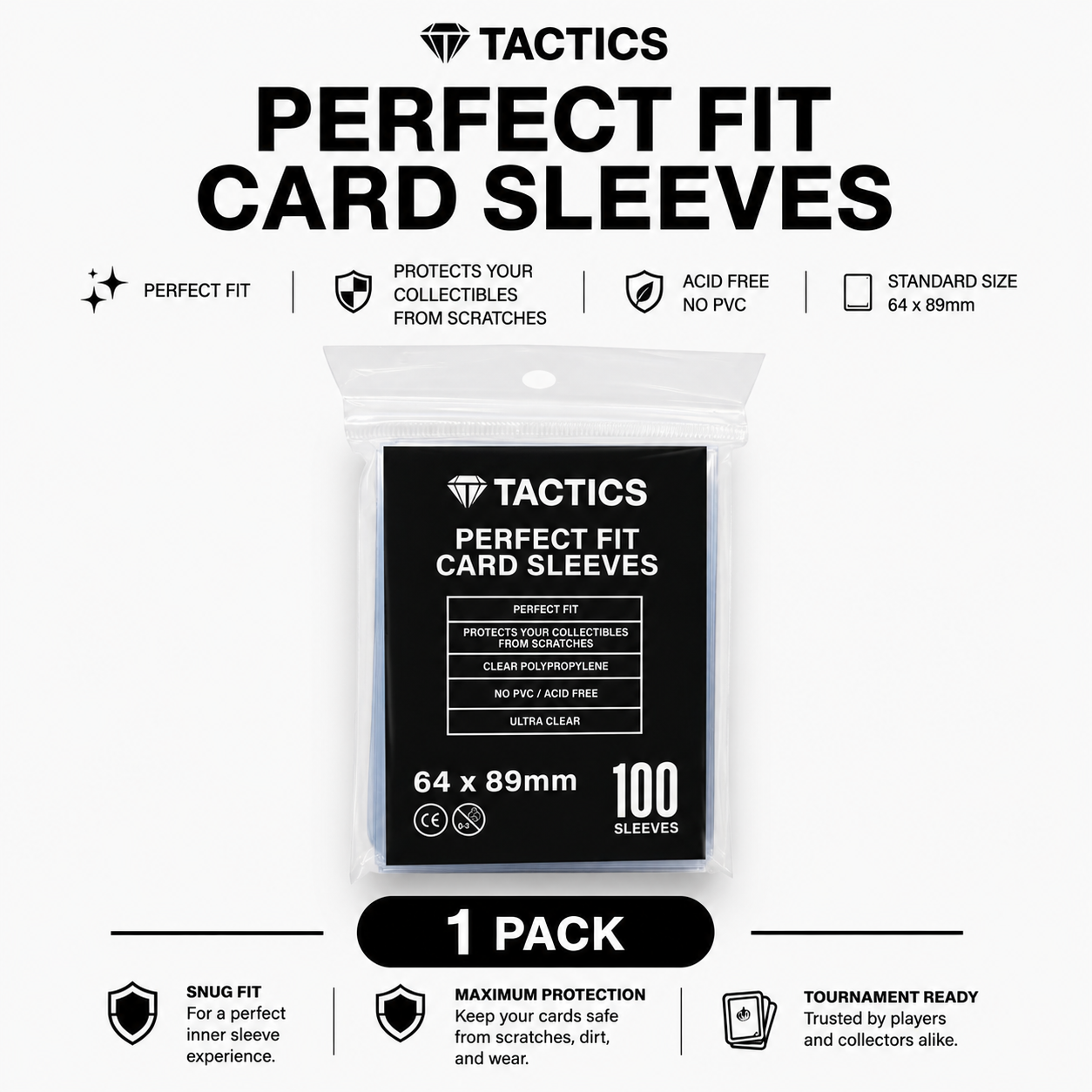 TACTICS Perfect Fit Card Sleeves – 64 x 89mm (100 Pack)
