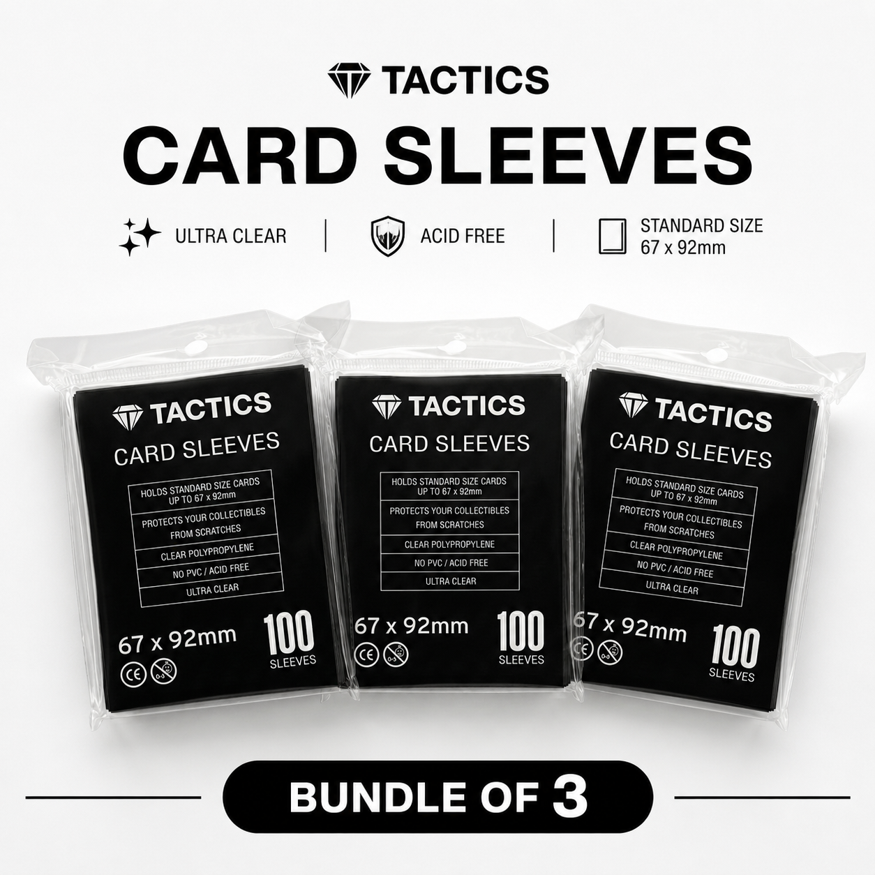 TACTICS Penny Card Sleeves - 67 x 92mm (100 Pack) Bundle of 3