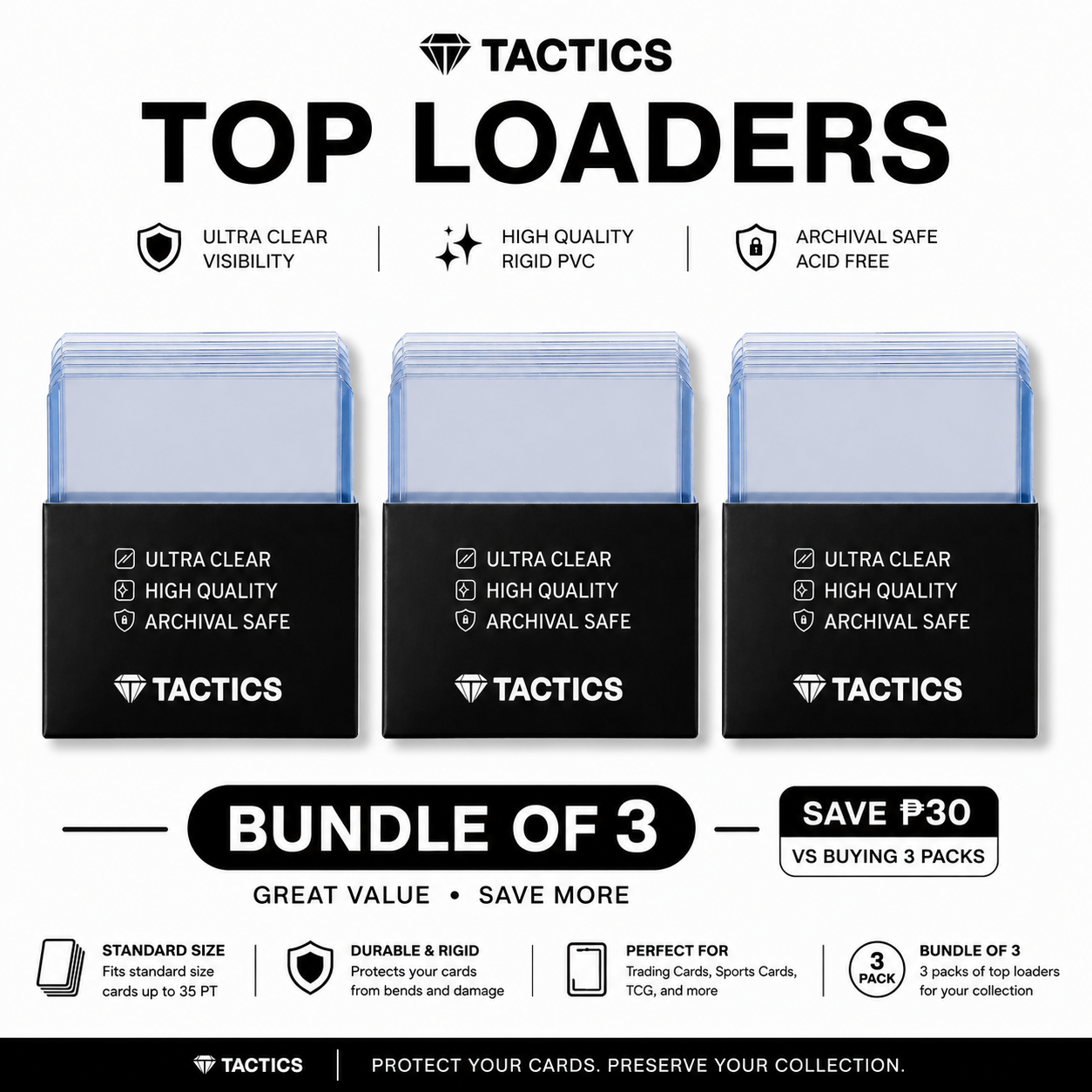 TACTICS Hard Plastic Card Sleeves (Toploader) – 3" x 4" (35 PT) – Bundle of 3