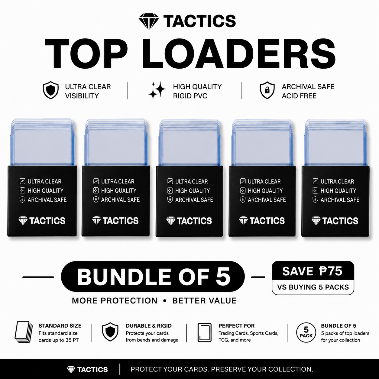TACTICS Hard Plastic Card Sleeves (Toploader) – 3" x 4" (35 PT) – Bundle of 5