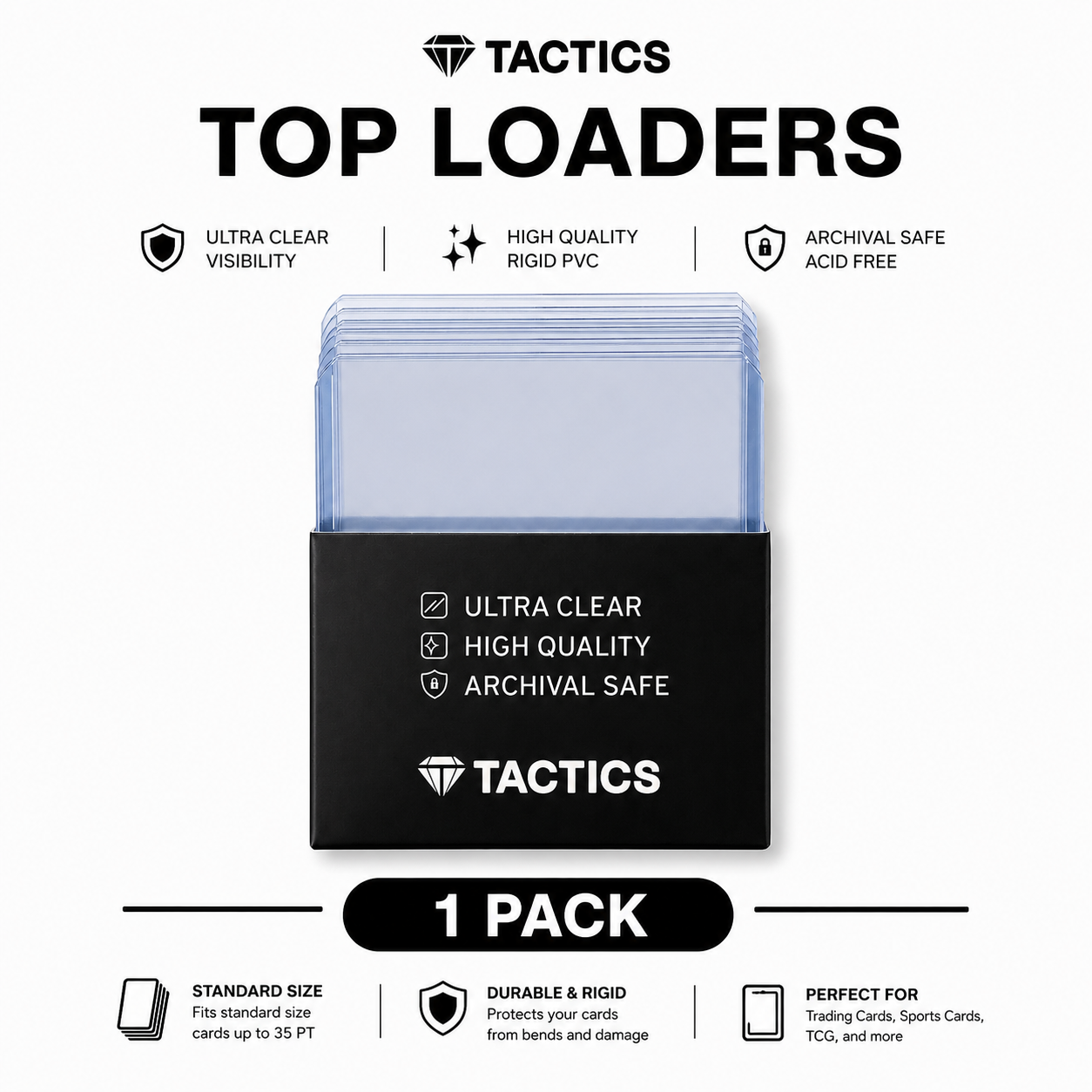 TACTICS Hard Plastic Card Sleeves (Toploader) – 3" x 4" (35 PT) – 25 Pack