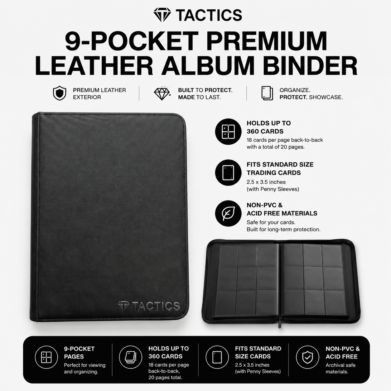 TACTICS 9-Pocket Premium Leather Album Binder