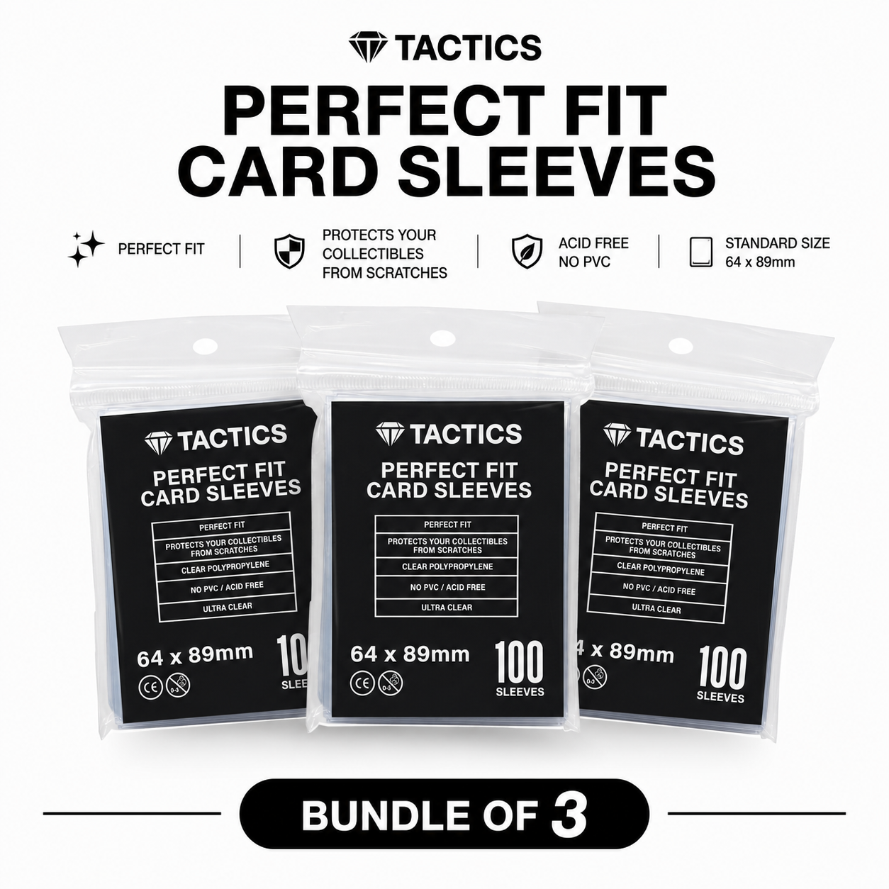 TACTICS Perfect Fit Card Sleeves – 64 x 89mm (100 Pack) Bundle of 3
